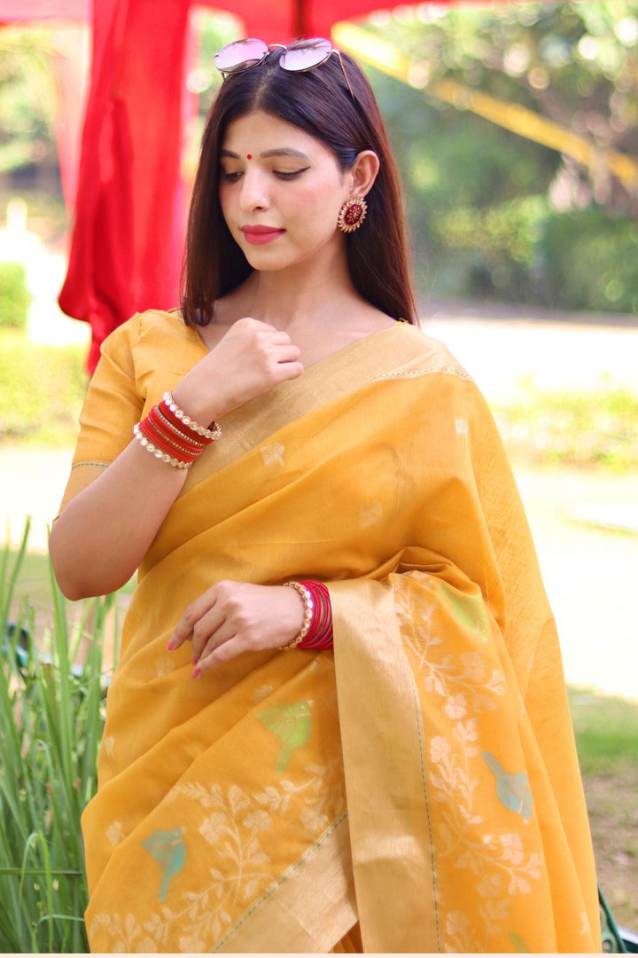 Tempting Linen Silk Yellow Color Zari Weaving Work Saree | Buy Online India