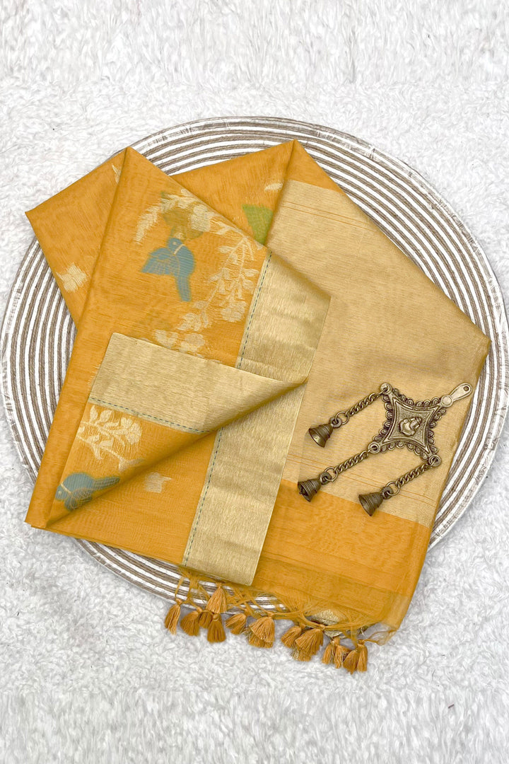 Tempting Linen Silk Yellow Color Zari Weaving Work Saree | Buy Online India