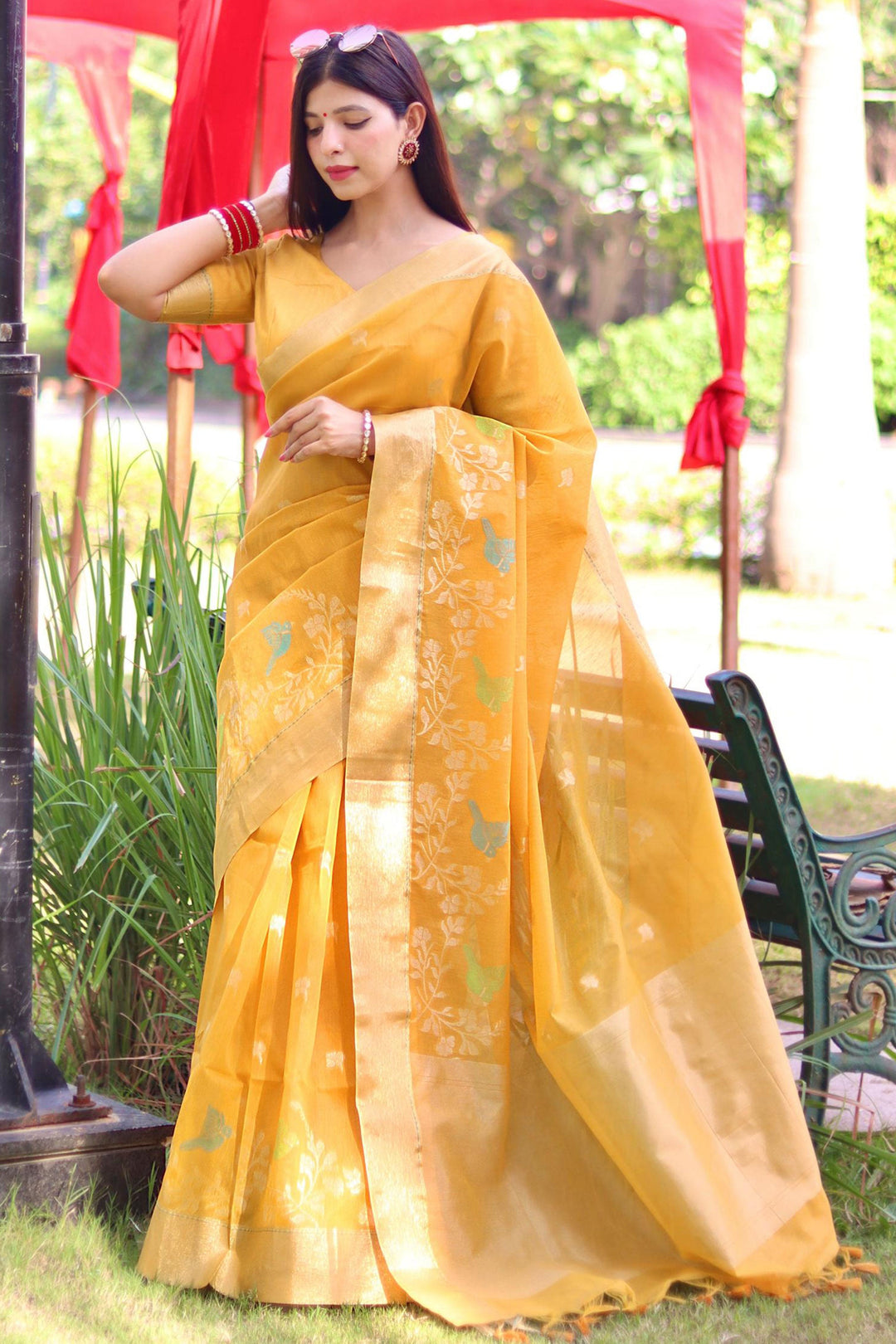 Tempting Linen Silk Yellow Color Zari Weaving Work Saree | Buy Online India