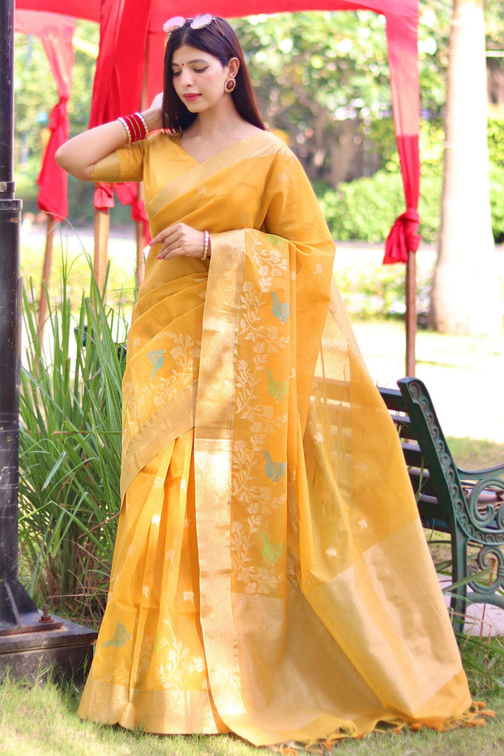 Tempting Linen Silk Yellow Color Zari Weaving Work Saree | Buy Online India