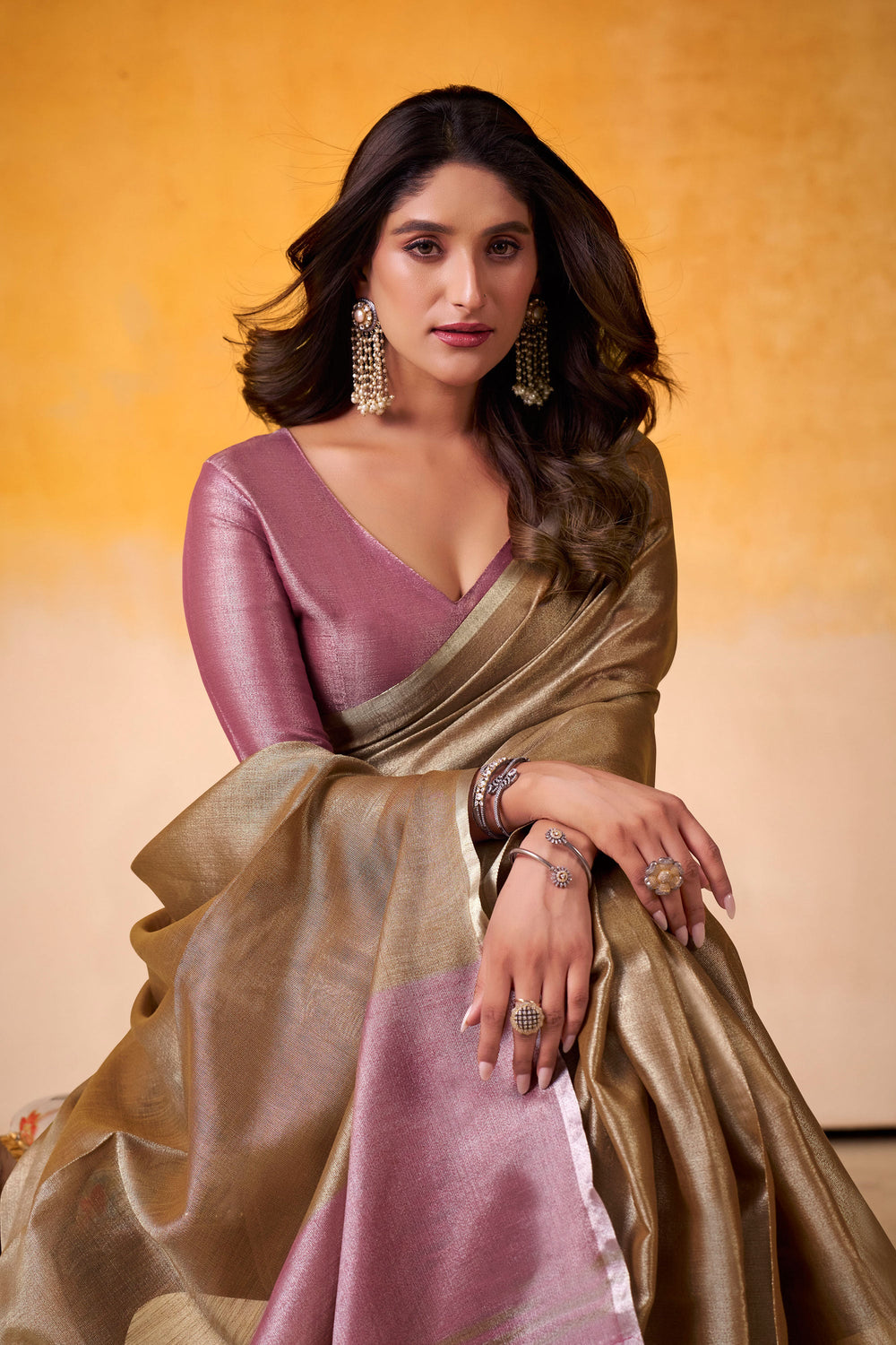 Festive Wear Brown Color Sober Saree In Tissue Silk Fabric | Buy Online India