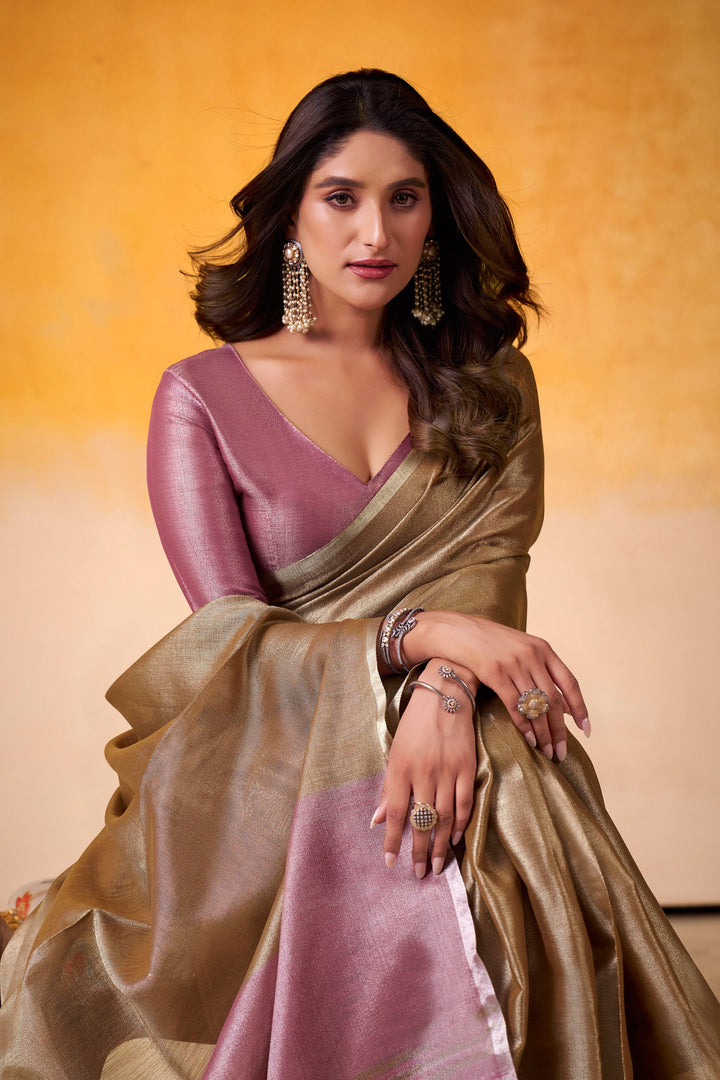 Festive Wear Brown Color Sober Saree In Tissue Silk Fabric | Buy Online India