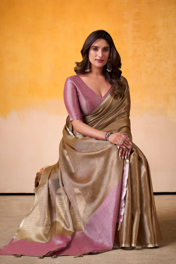 Festive Wear Brown Color Sober Saree In Tissue Silk Fabric | Buy Online India