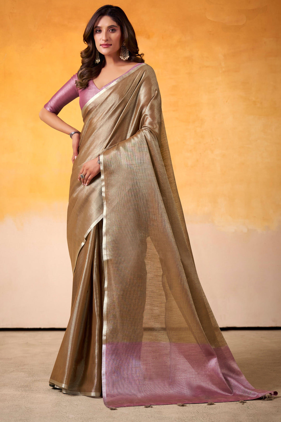 Festive Wear Brown Color Sober Saree In Tissue Silk Fabric | Buy Online India