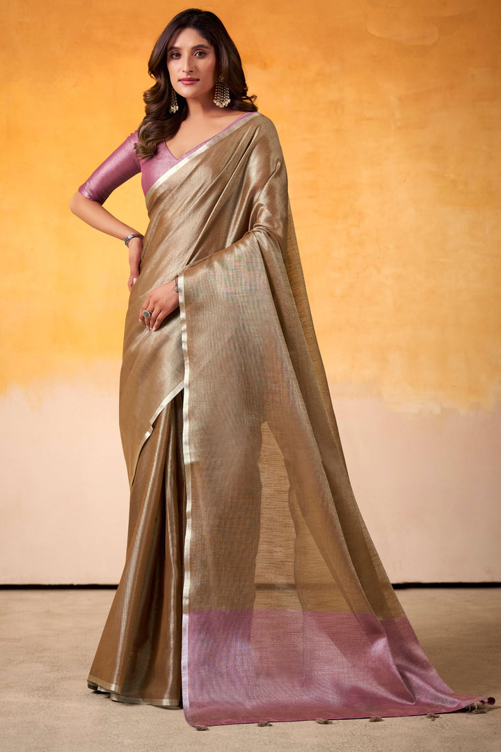 Festive Wear Brown Color Sober Saree In Tissue Silk Fabric | Buy Online India