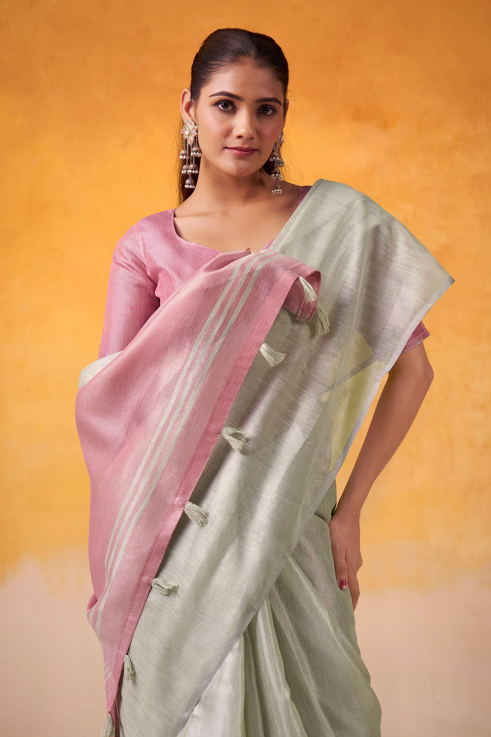 Excellent Festive Wear Tissue Silk Fabric Grey Color Saree | Buy Online India