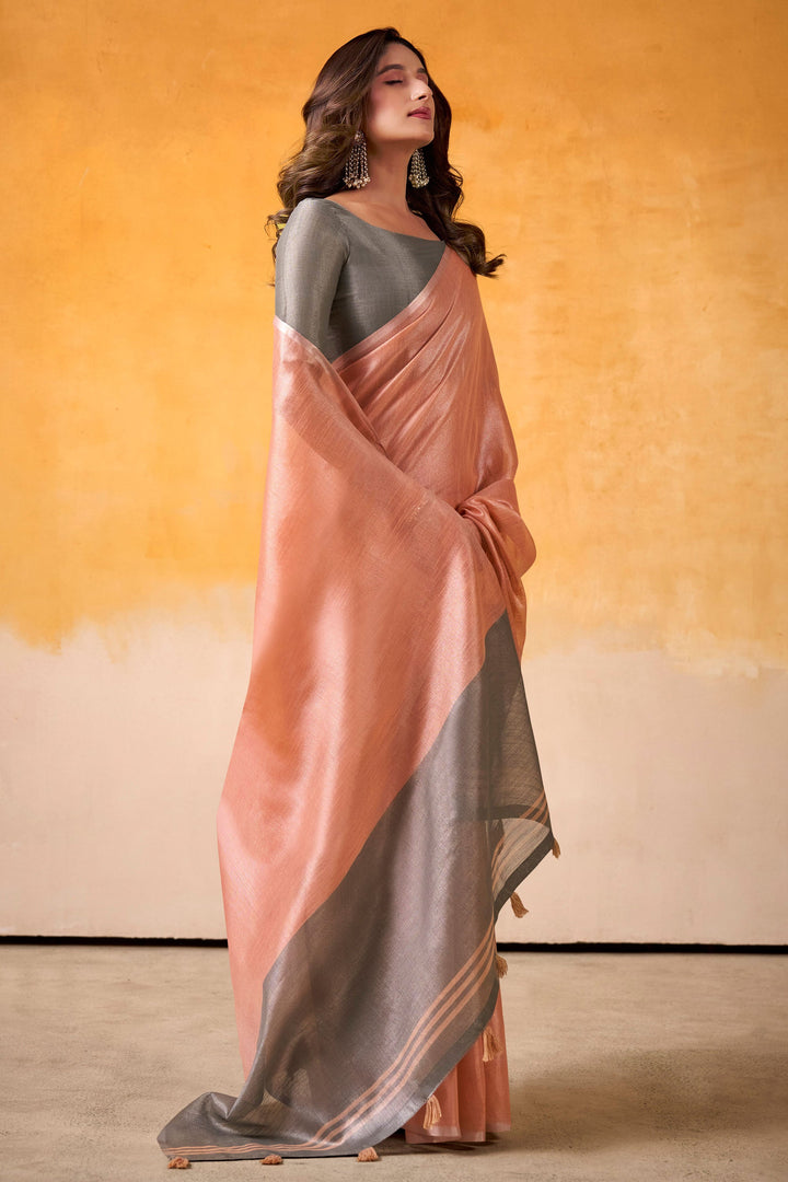 Beguiling Festive Wear Peach Color Tissue Silk Fabric Saree | Buy Online India