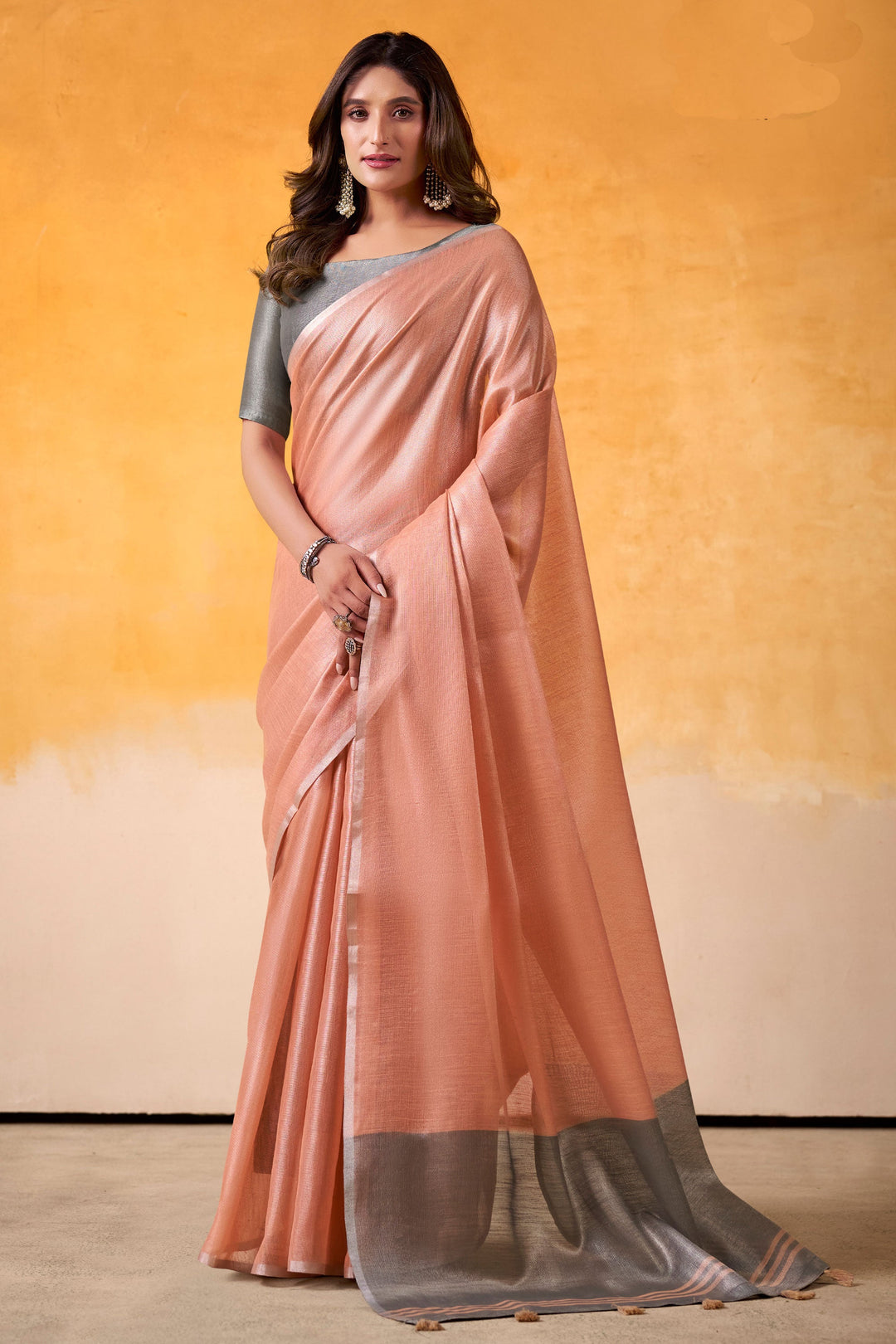 Beguiling Festive Wear Peach Color Tissue Silk Fabric Saree | Buy Online India