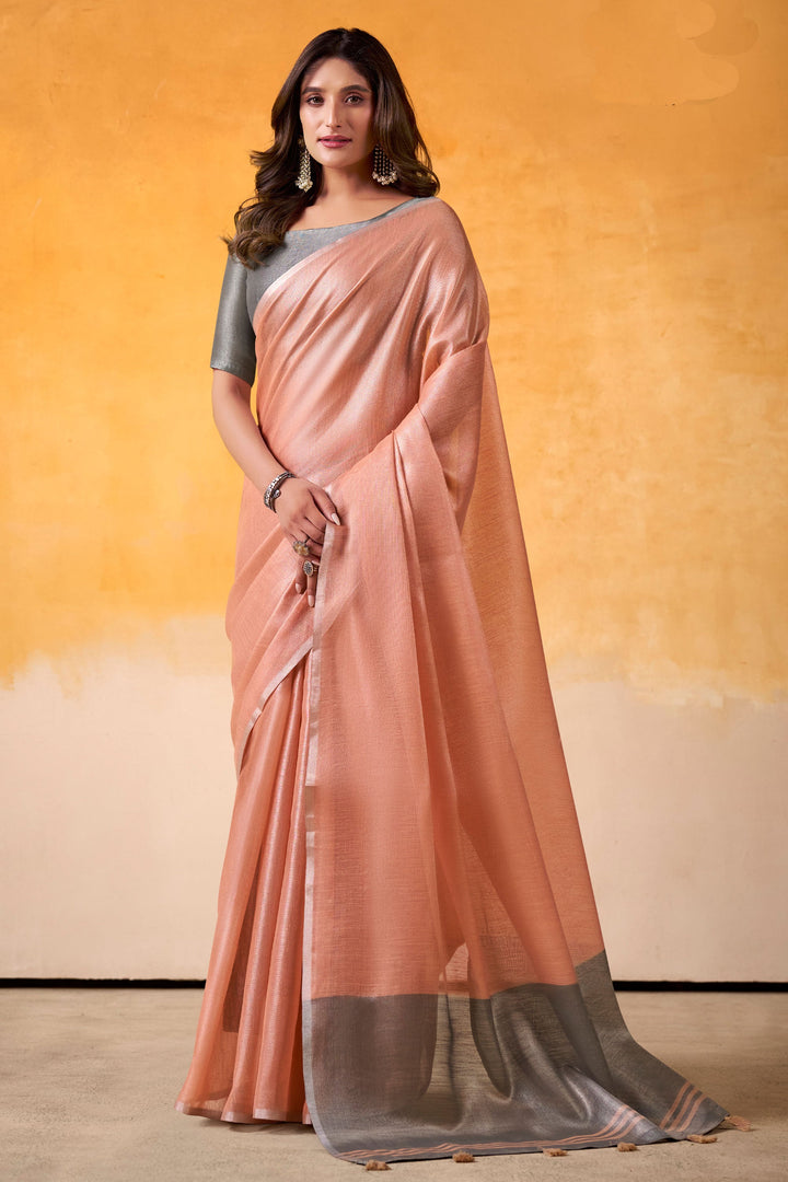 Beguiling Festive Wear Peach Color Tissue Silk Fabric Saree | Buy Online India