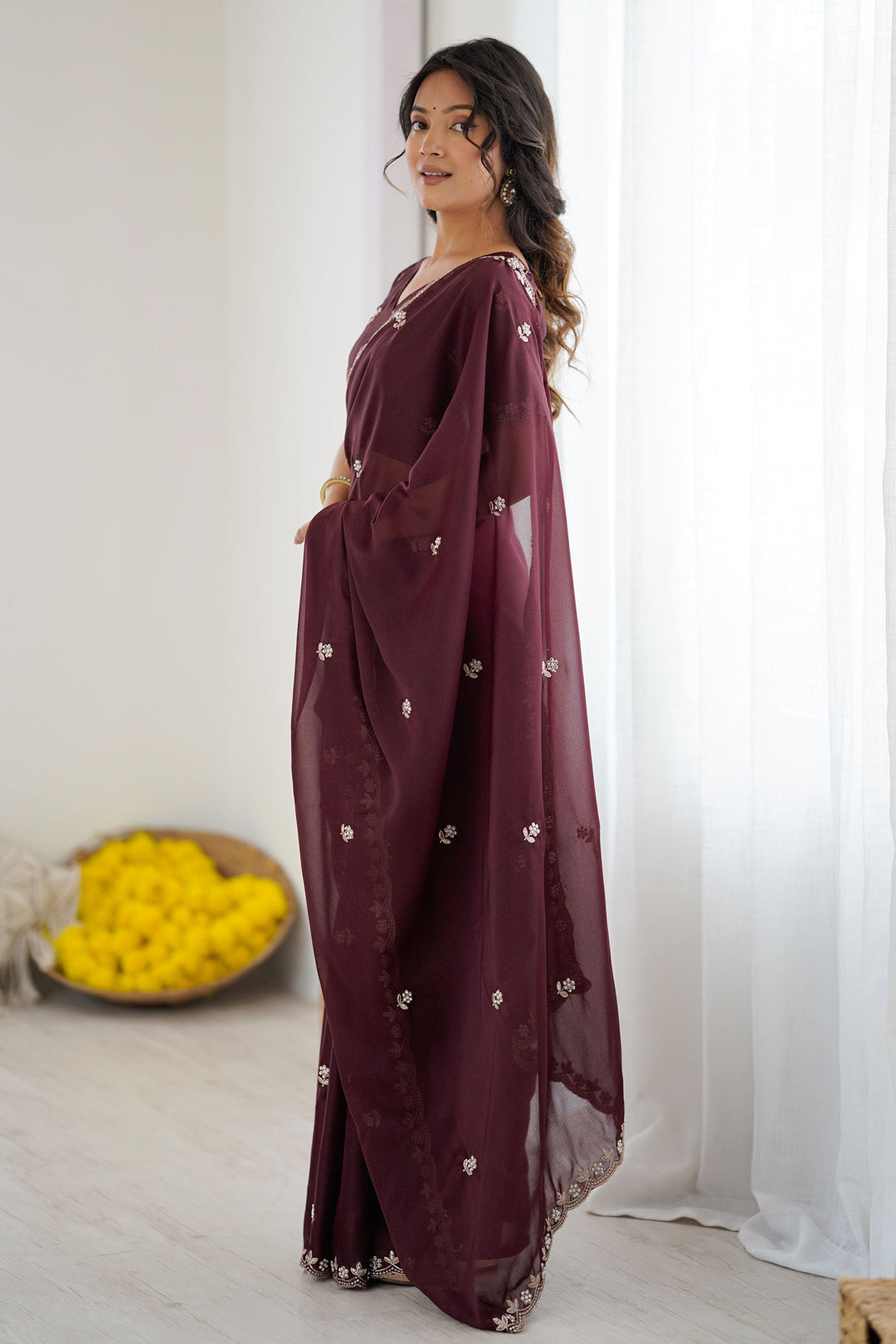 Awesome Georgette Fabric Saree In Burgundy Color | Buy Online India