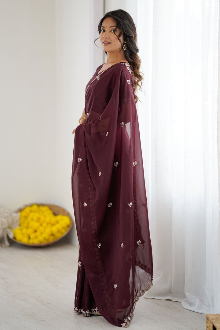 Awesome Georgette Fabric Saree In Burgundy Color | Buy Online India