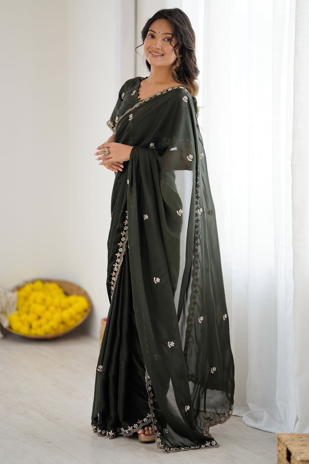 Dark Green Color Fantastic Georgette Fabric Saree | Buy Online India