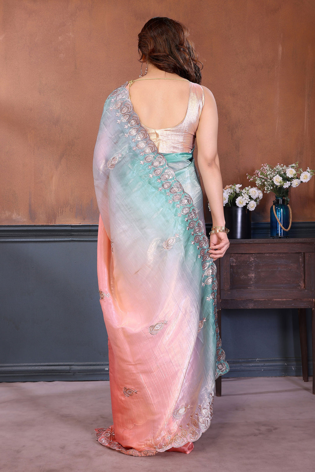 Embroidered Work Multi Color Beatific Look Crush Silk Saree | Buy Online India