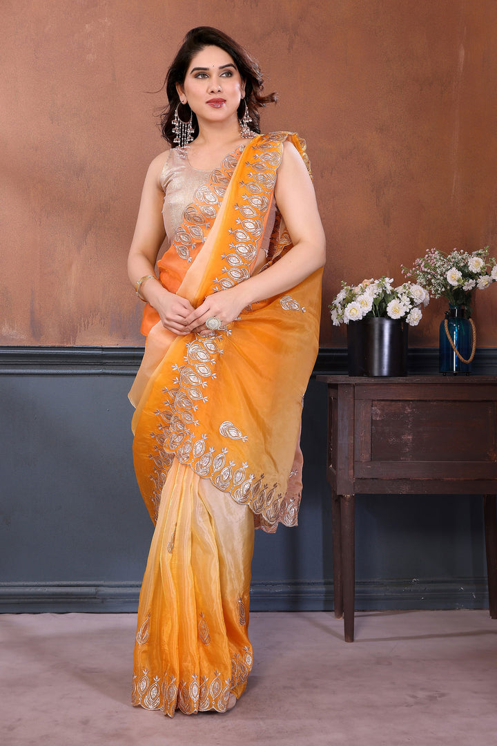 Fabulous Embroidered Work Multi Color Crush Silk Saree | Buy Online India