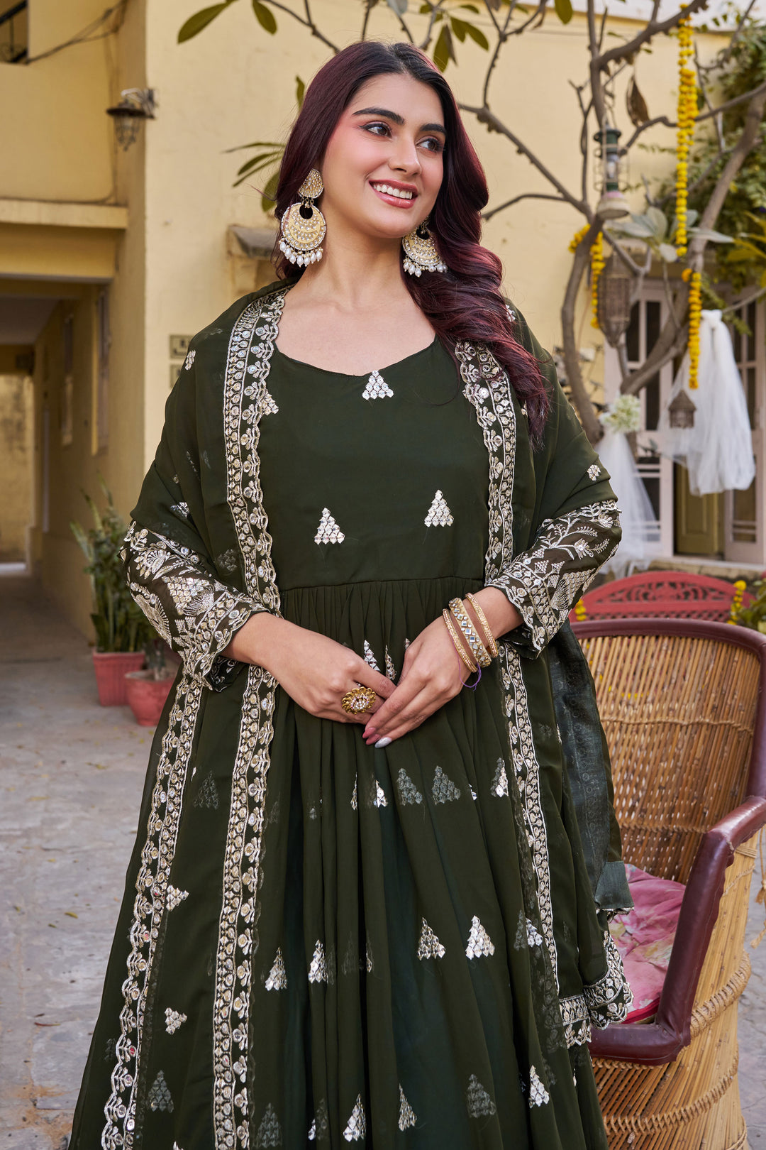 Awesome Georgette Fabric Green Color Readymade Gown Dupatta | Buy Online India