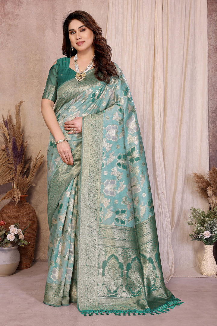 Blazing Light Cyan Color Weaving Work Cotton Saree | Buy Online India