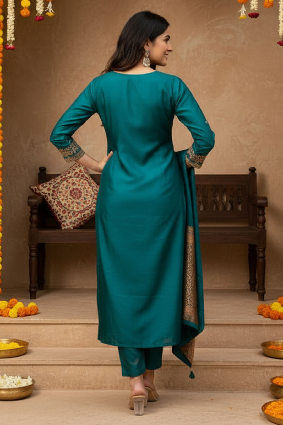 Art Silk Fabric Teal Color Gorgeous Readymade Salwar Suit | Buy Online India