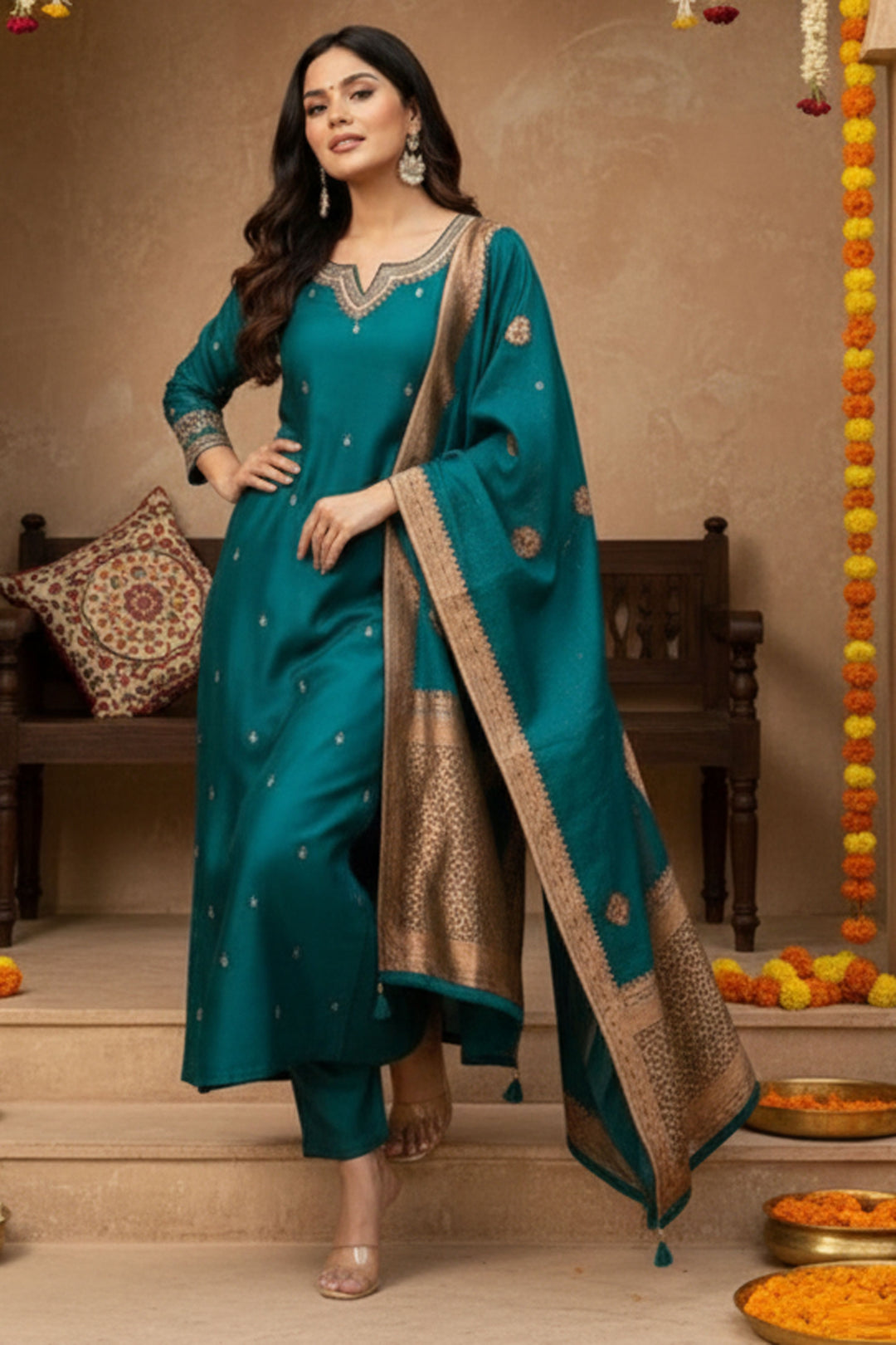 Art Silk Fabric Teal Color Gorgeous Readymade Salwar Suit | Buy Online India