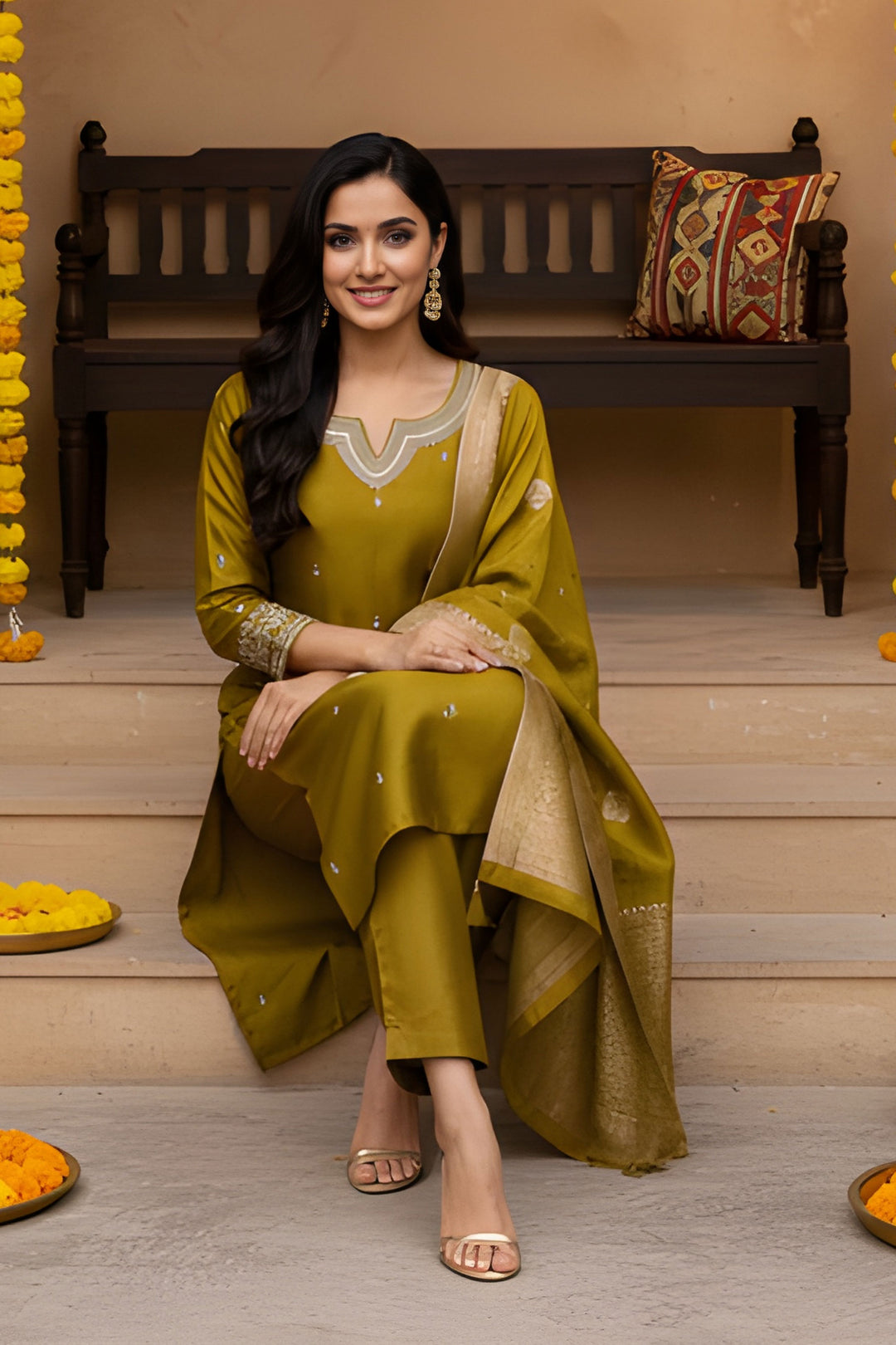Graceful Art Silk Fabric Mustard Color Readymade Salwar Suit | Buy Online India