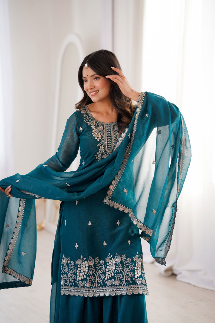 Teal Color Art Silk Fabric Beautiful Readymade Palazzo Suit | Buy Online India