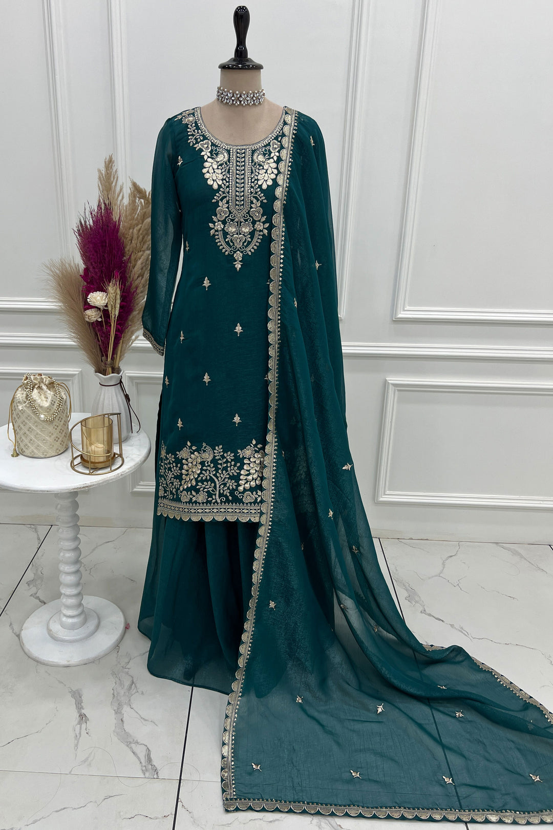Teal Color Art Silk Fabric Beautiful Readymade Palazzo Suit | Buy Online India