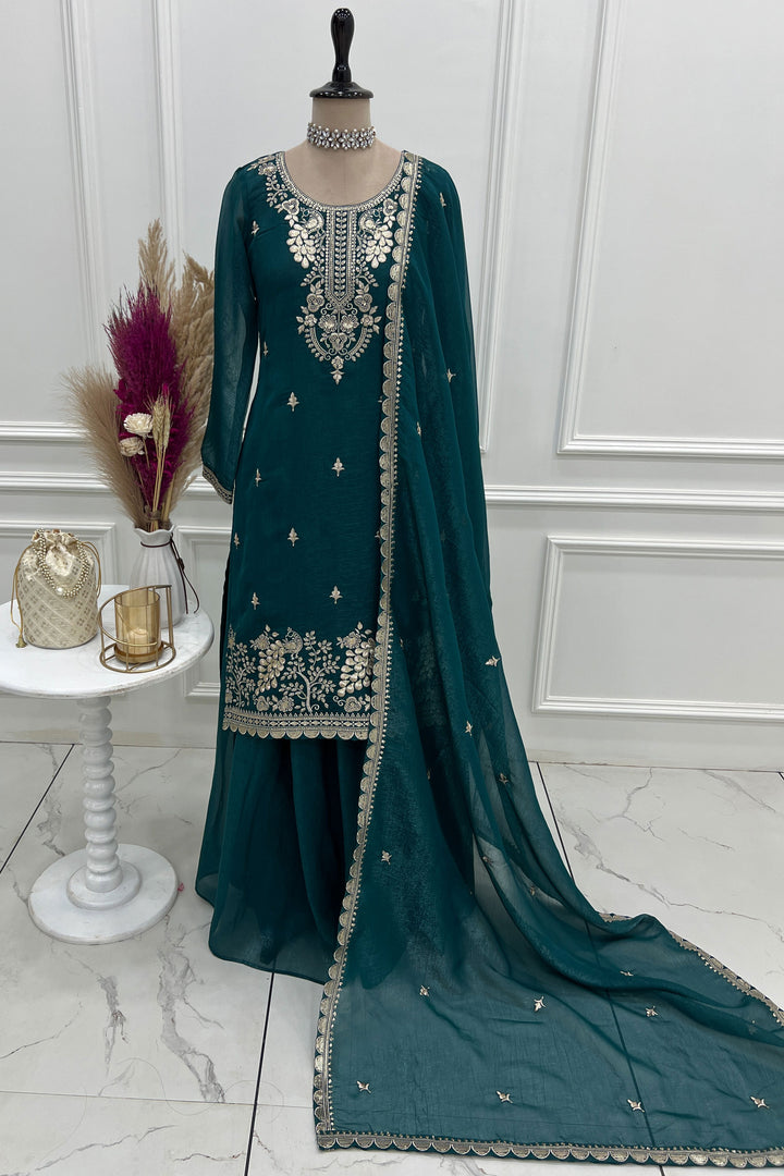 Teal Color Art Silk Fabric Beautiful Readymade Palazzo Suit | Buy Online India