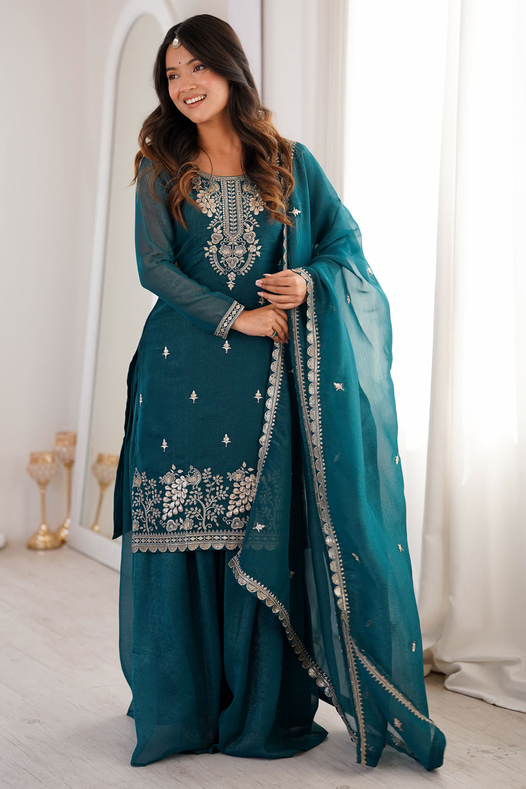 Teal Color Art Silk Fabric Beautiful Readymade Palazzo Suit | Buy Online India