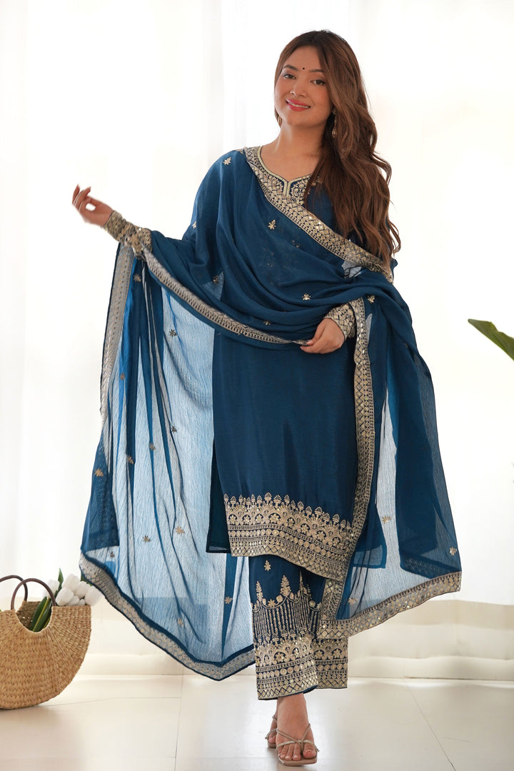 Chinon Silk Fabric Blue Color Glamorous Readymade Palazzo Suit | Buy Online India