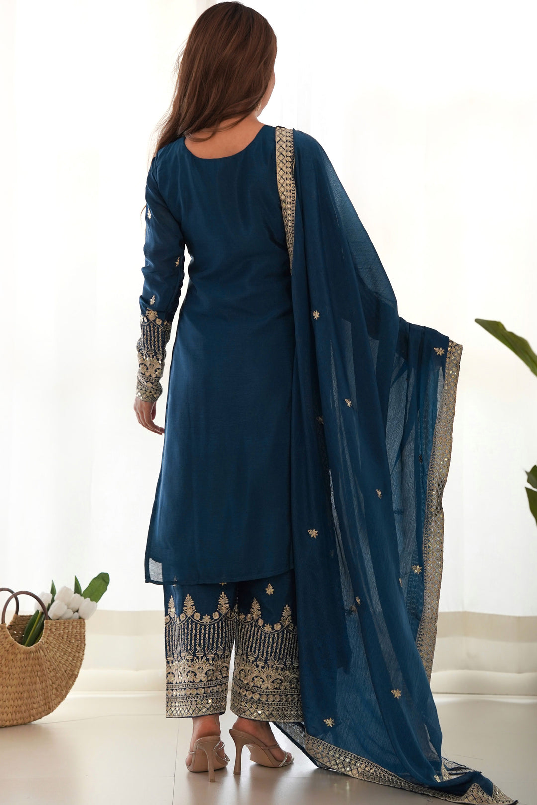 Chinon Silk Fabric Blue Color Glamorous Readymade Palazzo Suit | Buy Online India