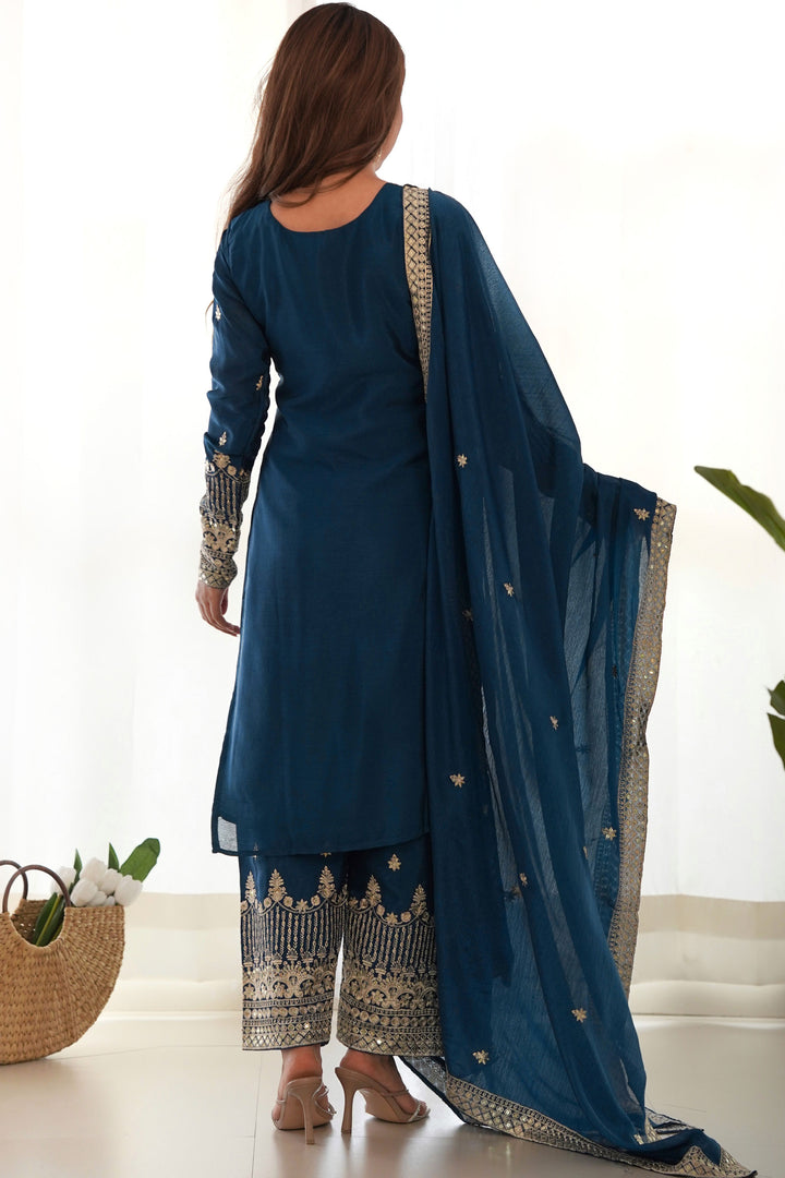 Chinon Silk Fabric Blue Color Glamorous Readymade Palazzo Suit | Buy Online India
