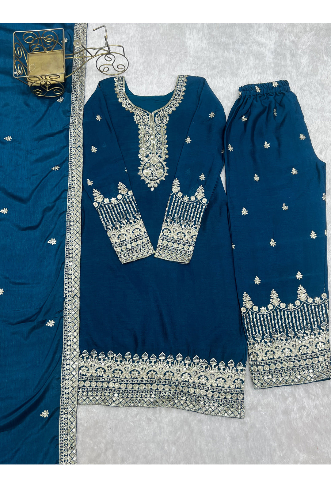 Chinon Silk Fabric Blue Color Glamorous Readymade Palazzo Suit | Buy Online India