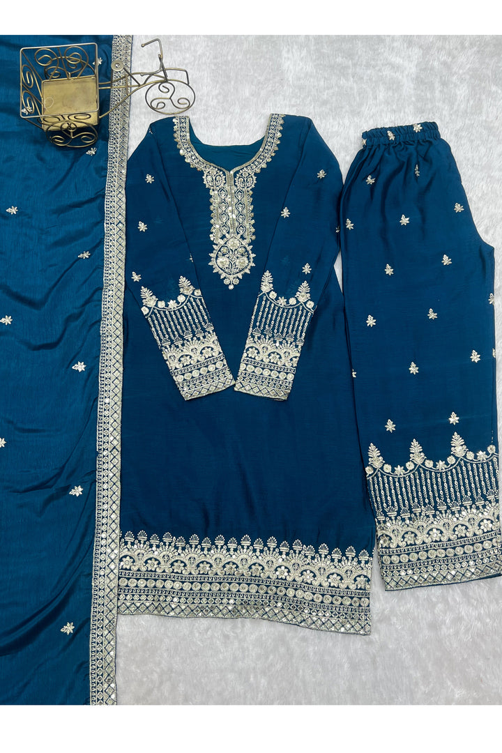 Chinon Silk Fabric Blue Color Glamorous Readymade Palazzo Suit | Buy Online India