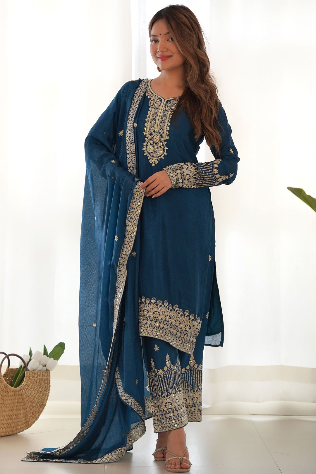 Chinon Silk Fabric Blue Color Glamorous Readymade Palazzo Suit | Buy Online India