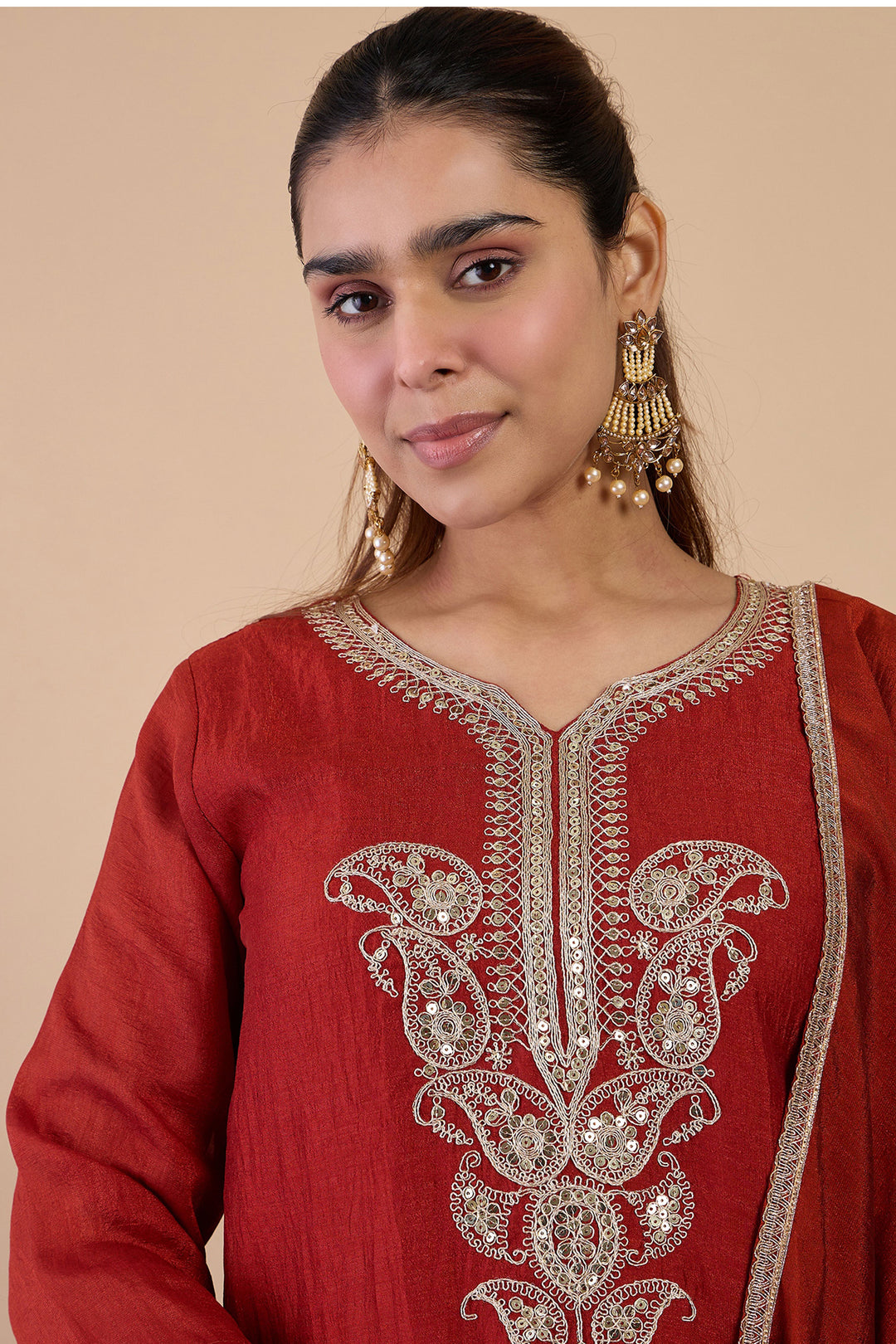 Graceful Art Silk Fabric Rust Color Readymade Salwar Suit | Buy Online India