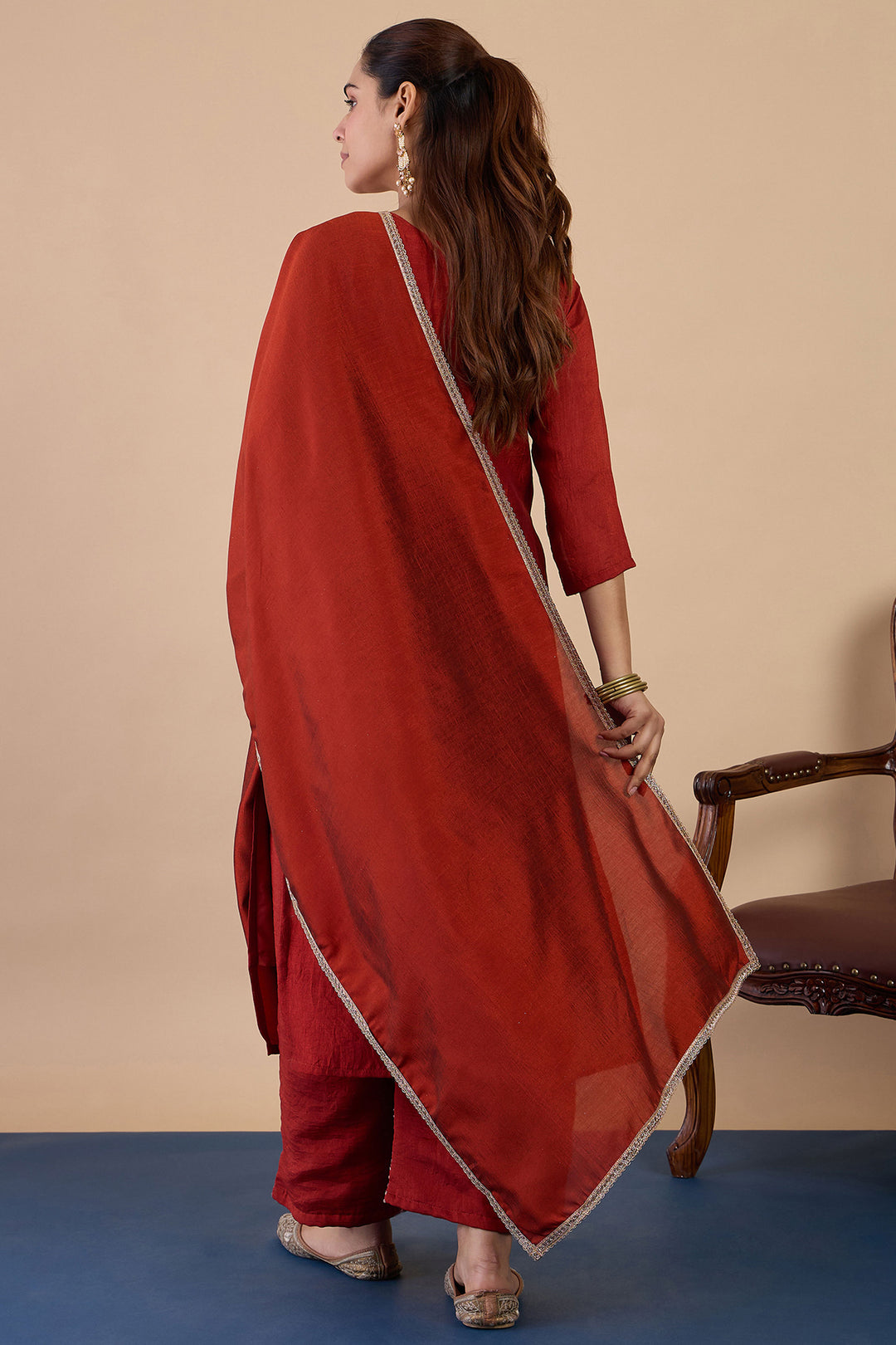 Graceful Art Silk Fabric Rust Color Readymade Salwar Suit | Buy Online India