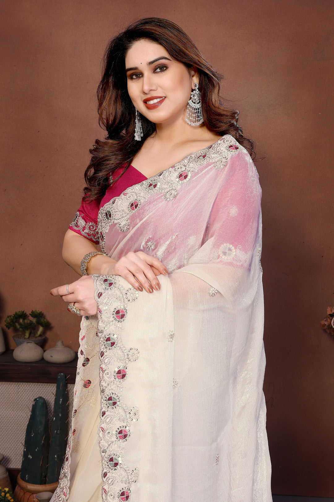 Beguiling Embroidered Work On White Color Chiffon Silk Fabric Saree | Buy Online India