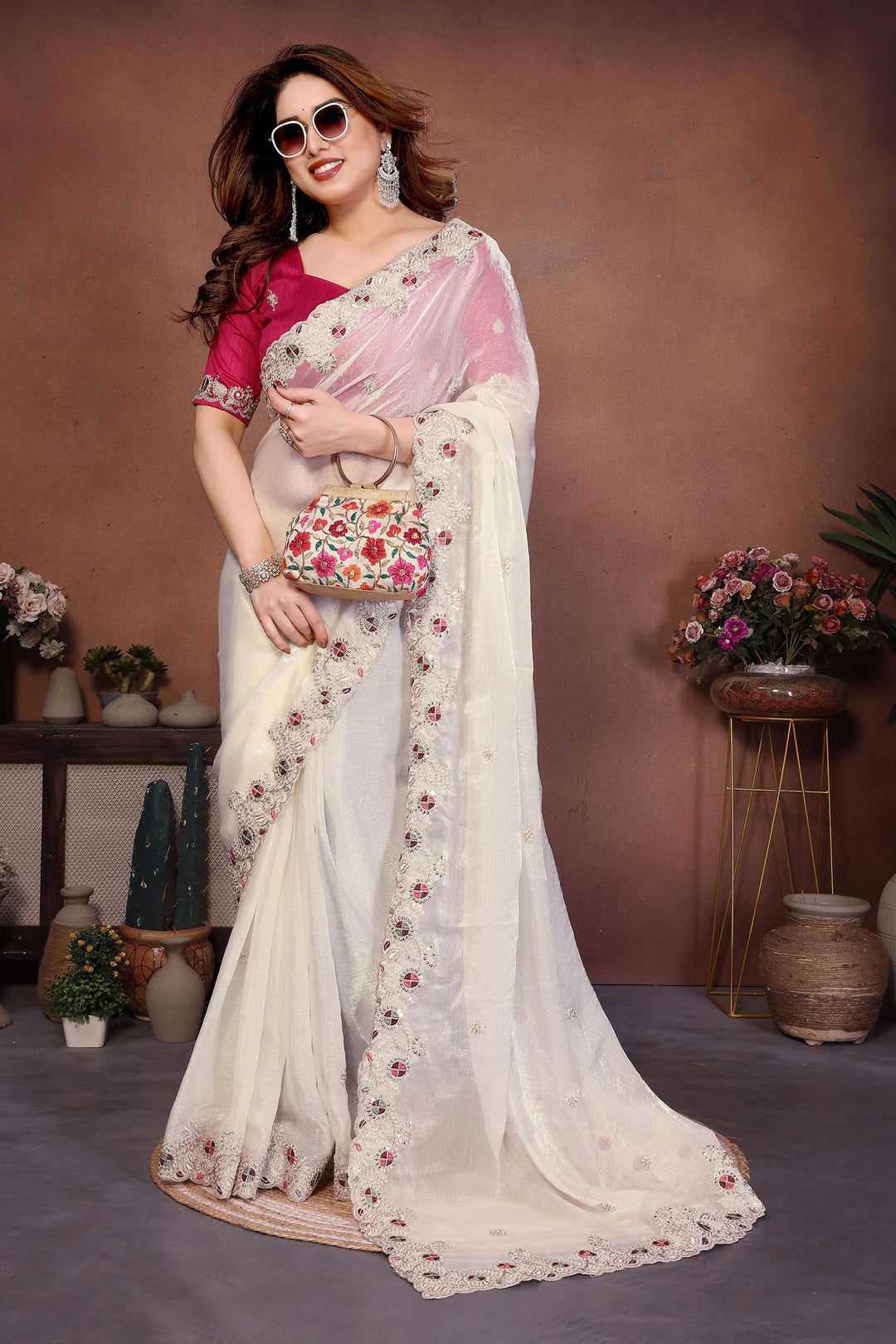 Beguiling Embroidered Work On White Color Chiffon Silk Fabric Saree | Buy Online India