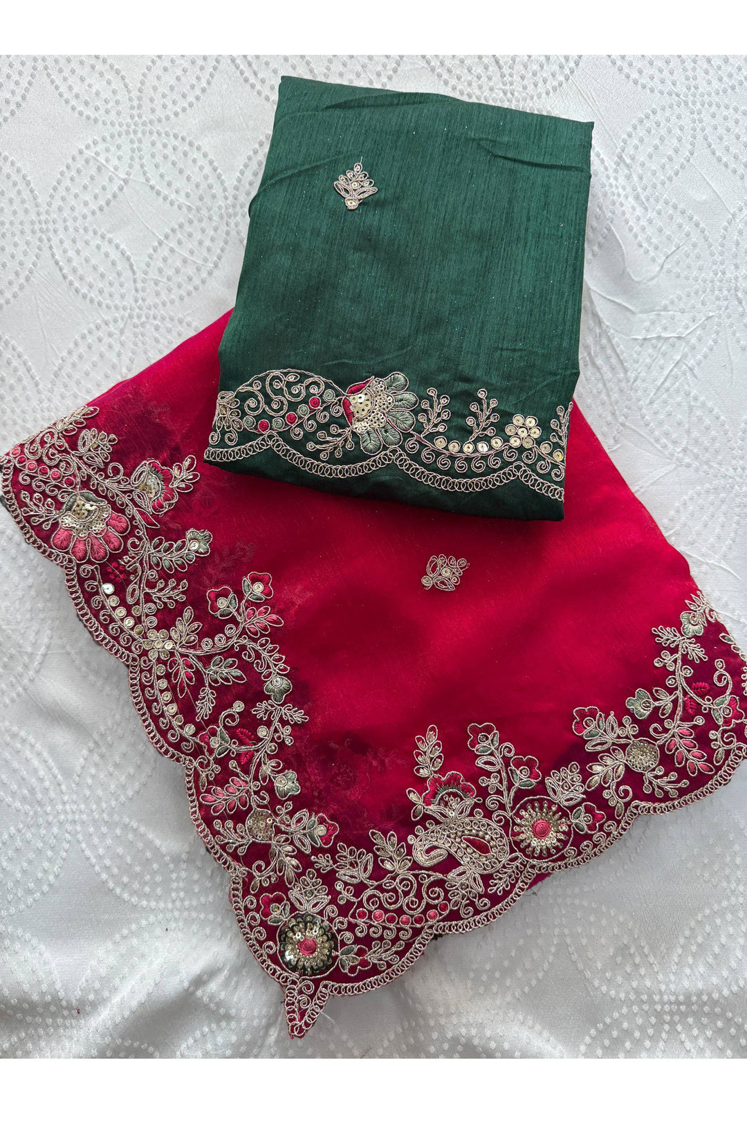 Excellent Chiffon Silk Fabric Rani Color Saree With Embroidered Work | Buy Online India