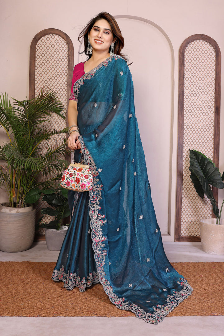 Teal Color Embroidered Work On Chiffon Silk Fabric Stunning Saree | Buy Online India