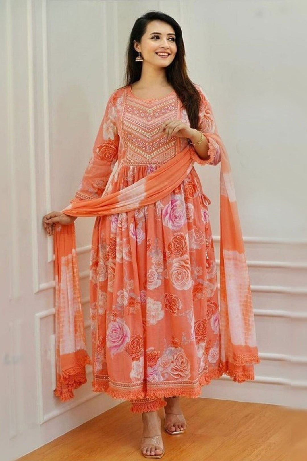 Orange Color Muslin Fabric Tempting Readymade Anarkali Suit | Buy Online India