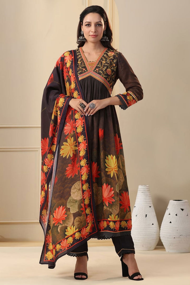 Alluring Muslin Fabric Black Color Readymade Anarkali Suit | Buy Online India