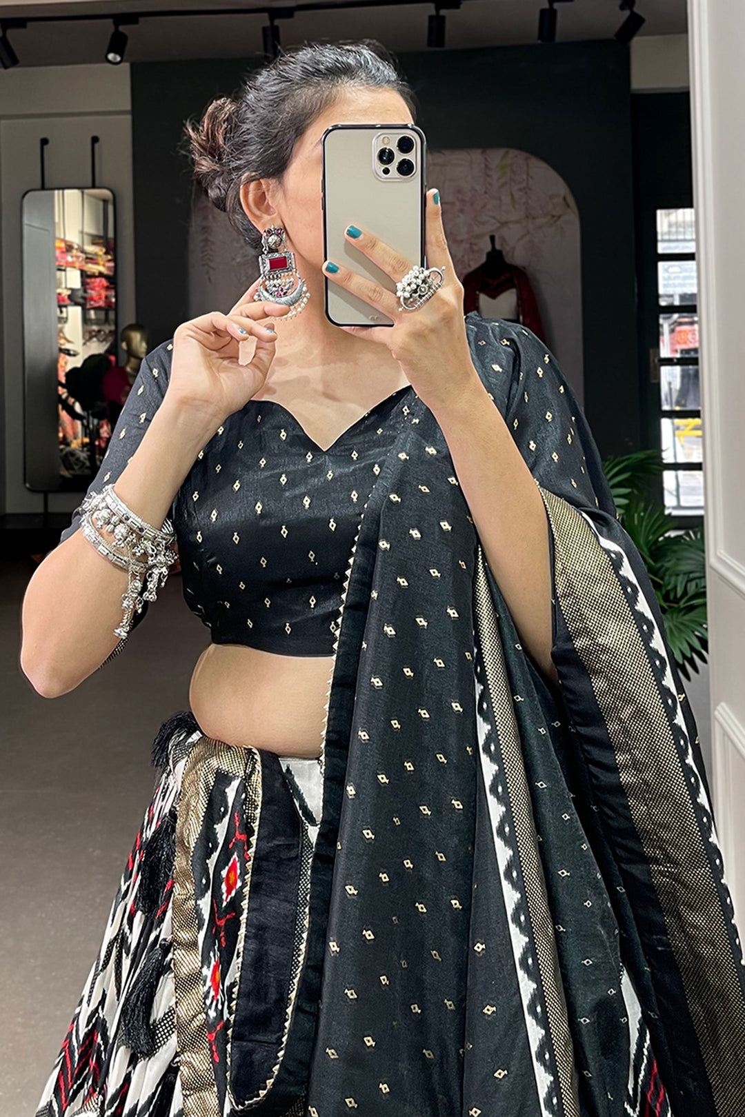 Glorious Function Wear Black Color Foil Printed Work Art Silk Lehenga | Buy Online India
