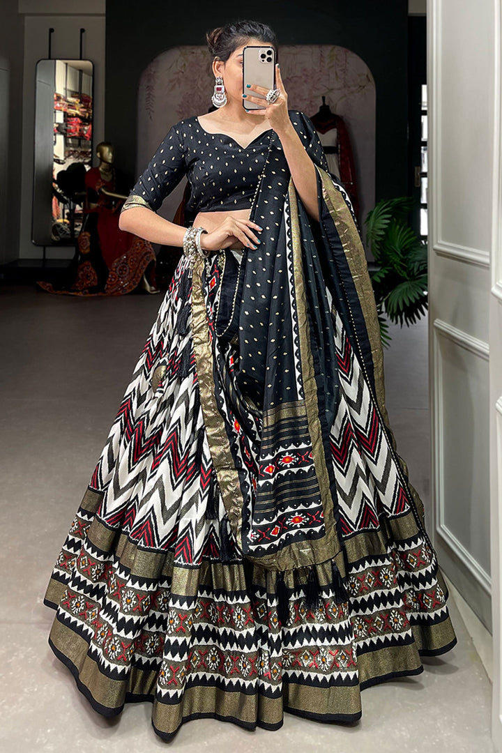 Glorious Function Wear Black Color Foil Printed Work Art Silk Lehenga | Buy Online India