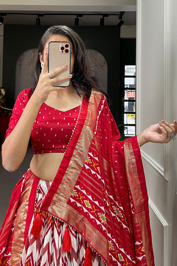 Blazing Red Color Function Wear Foil Printed Work Art Silk Lehenga | Buy Online India