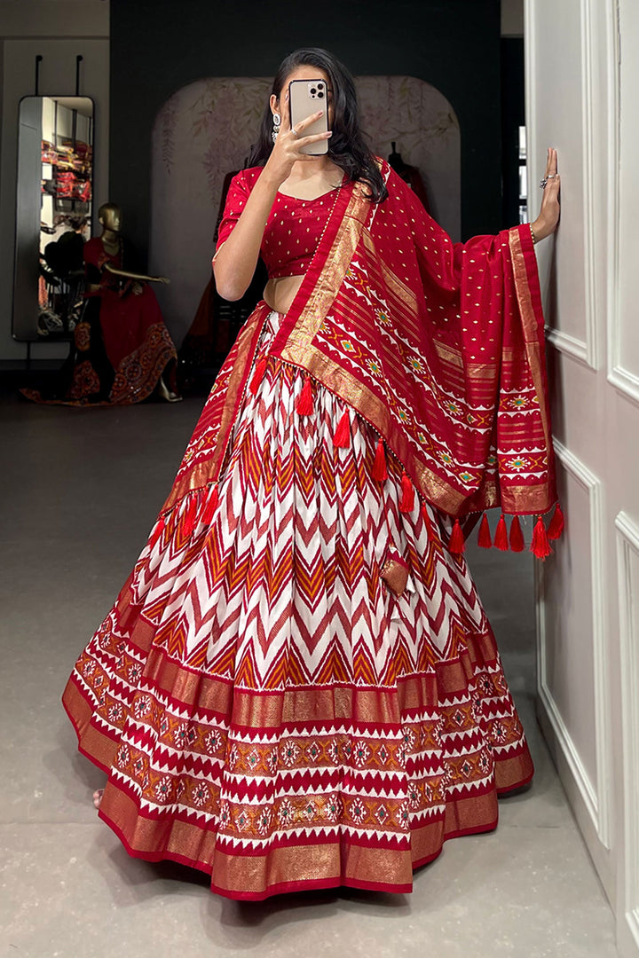 Blazing Red Color Function Wear Foil Printed Work Art Silk Lehenga | Buy Online India