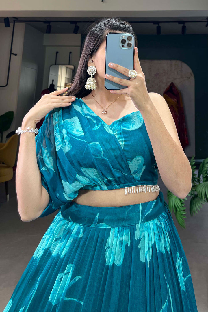 Floral Printed Work Teal Color Fashionable Readymade Lehenga In Chiffon Fabric | Buy Online India