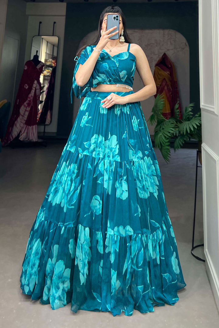 Floral Printed Work Teal Color Fashionable Readymade Lehenga In Chiffon Fabric | Buy Online India