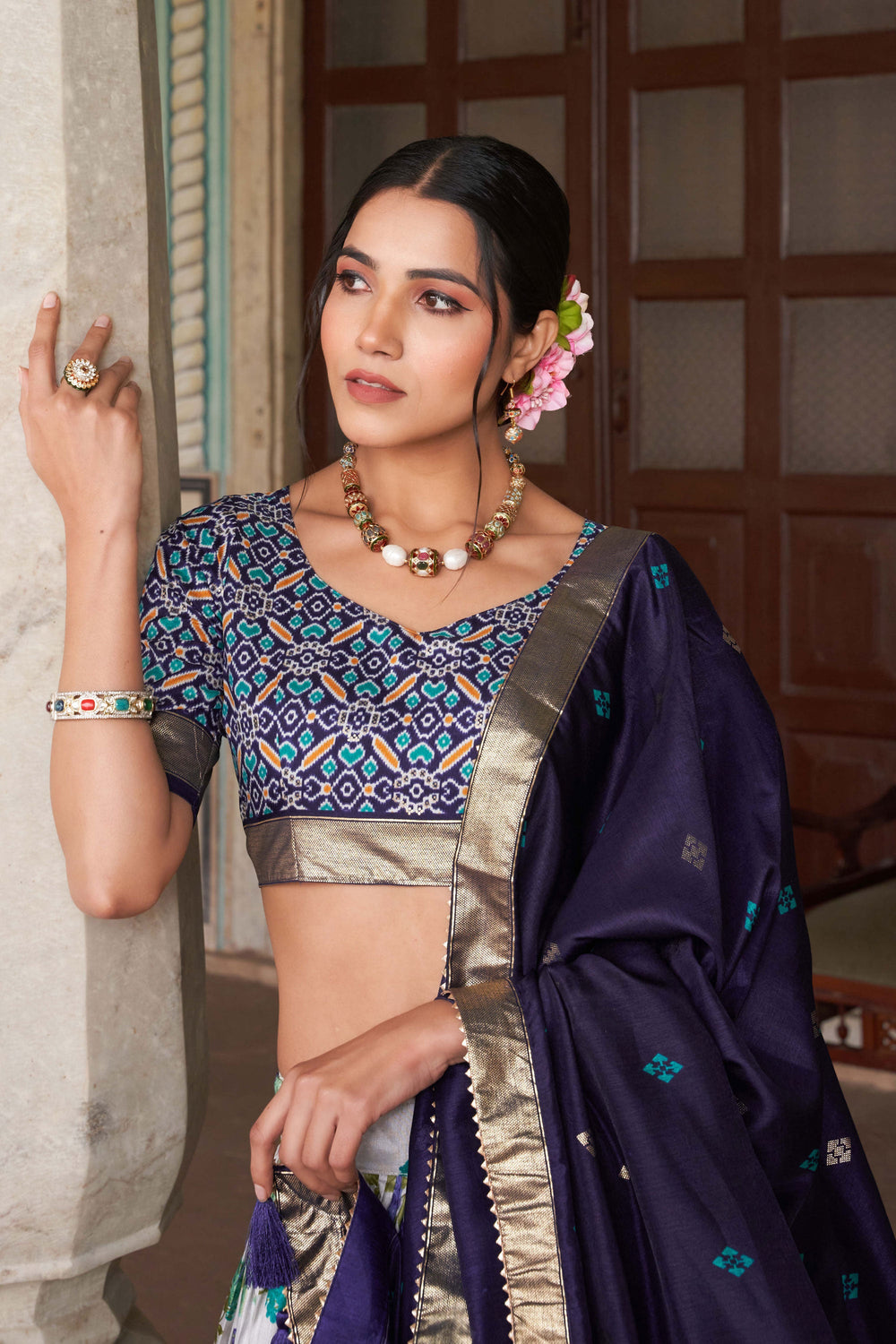 Amazing Floral and Patola Printed Work Multi Color Art Silk Fabric Readymade Lehenga | Buy Online India