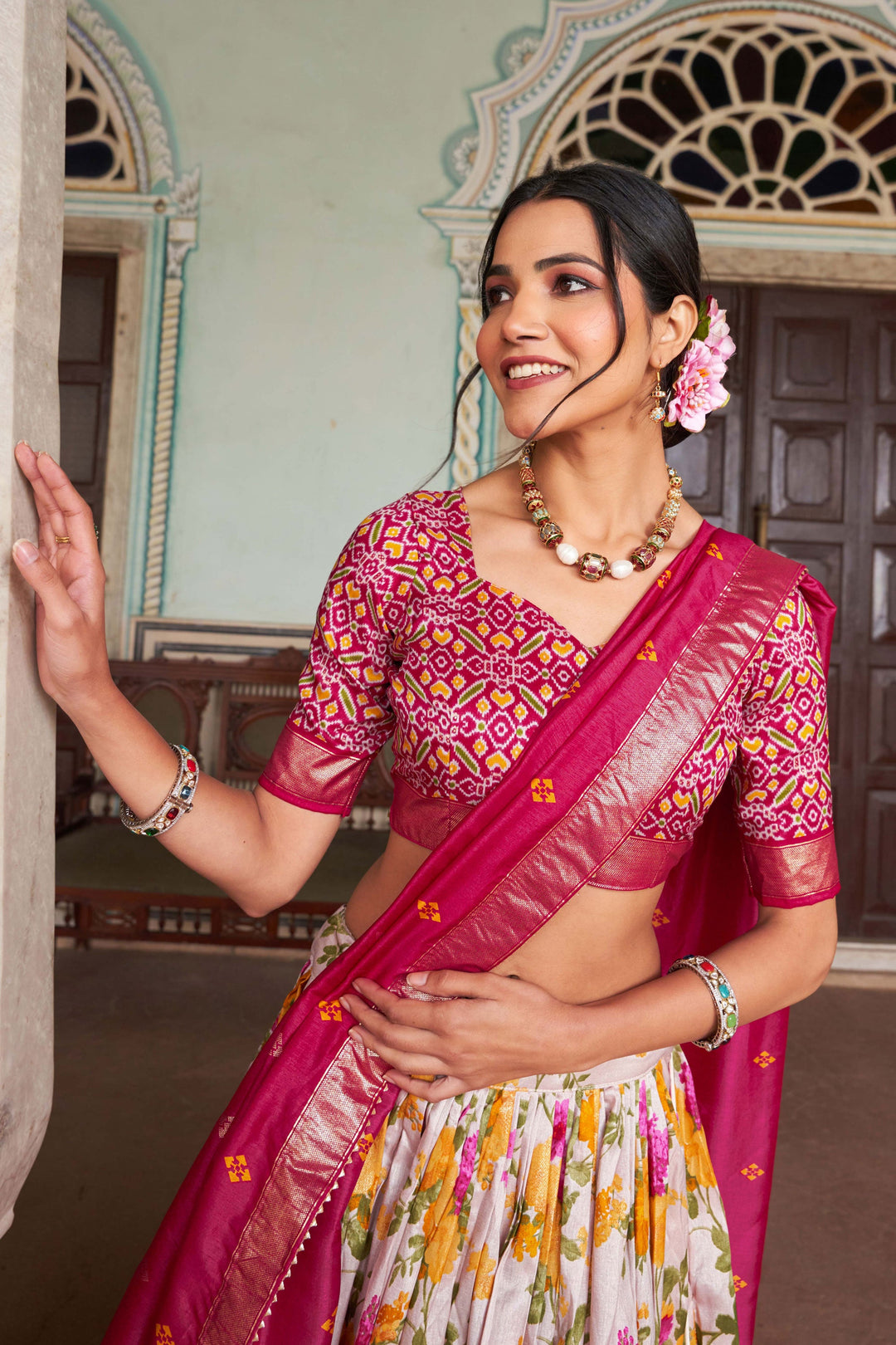Trendy Multi Color Readymade Art Silk Lehenga With Floral and Patola Printed Work | Buy Online India