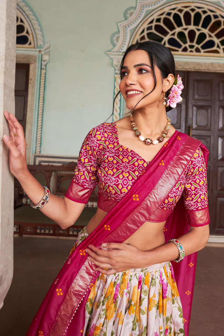 Trendy Multi Color Readymade Art Silk Lehenga With Floral and Patola Printed Work | Buy Online India